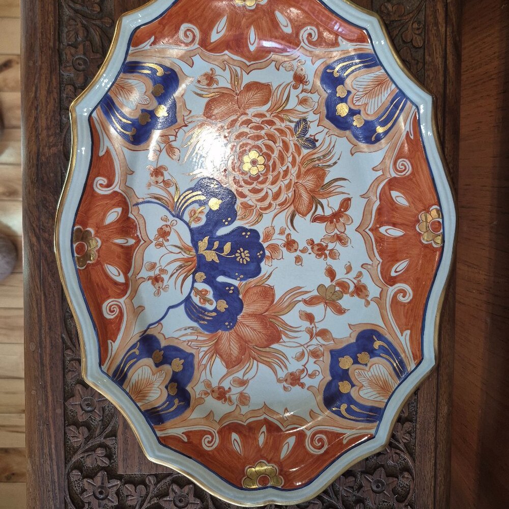 Hand painted plate blue, orange and gold